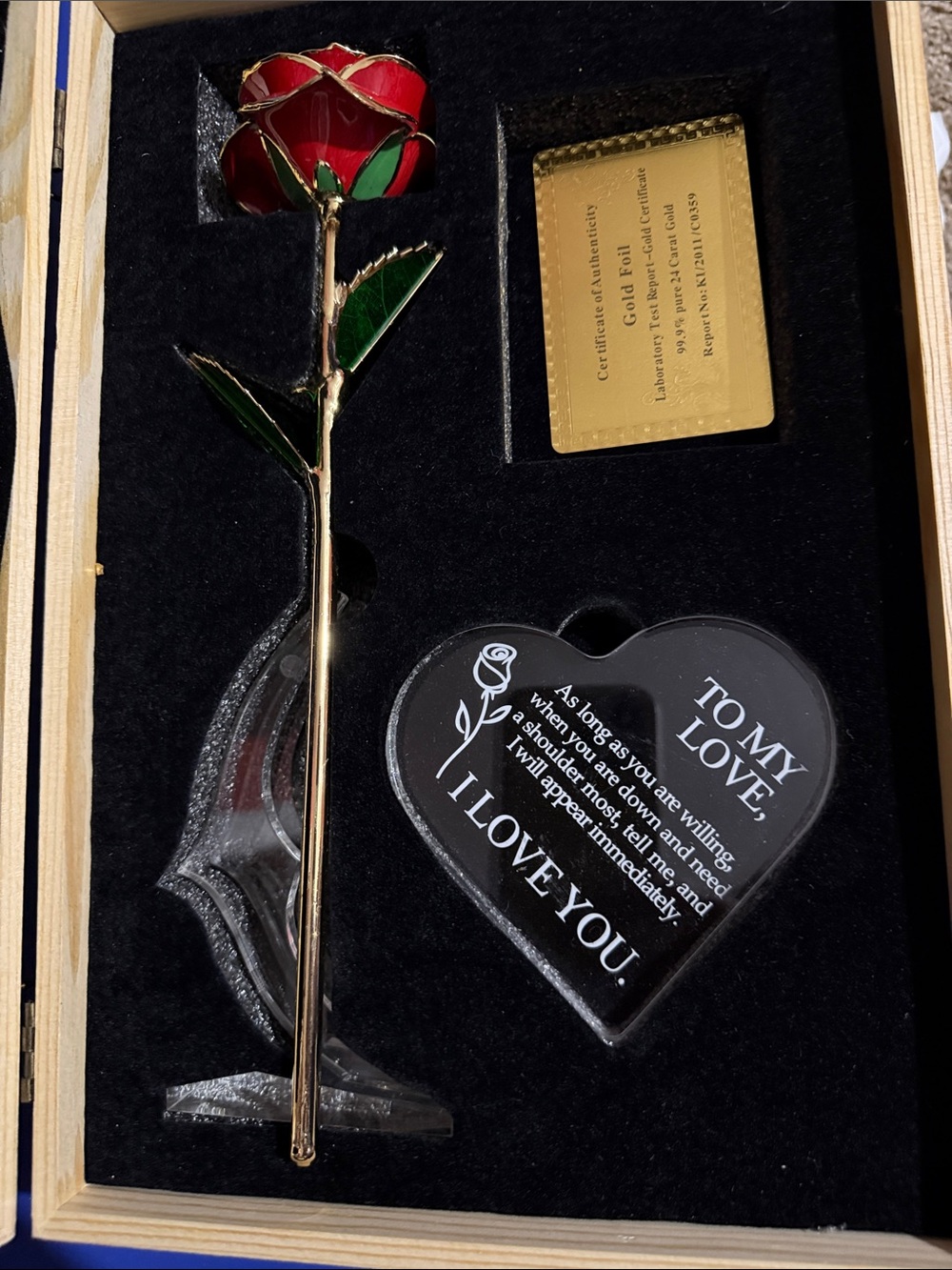 Gold Stem Red Rose dipped in gold Sculpture with display & Heart Message Plaque